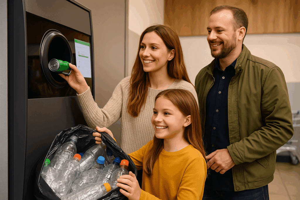 gezin leverd lege flessen en blikjes in